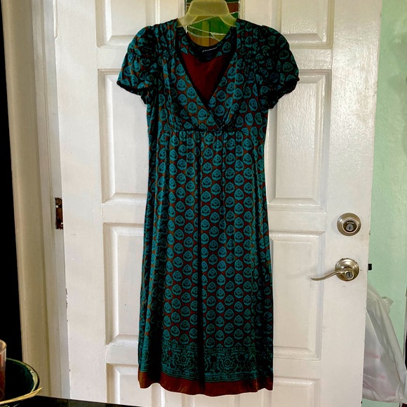 Vintage Betsy Johnson brown and teal silk dress, size 8 - Picture 1 of 1